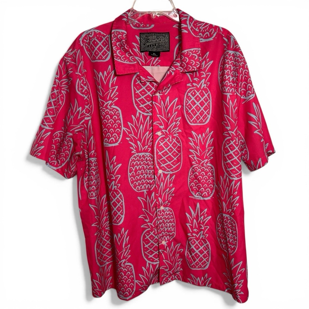 Brooklin Cloth Men's Pineapple Camp Hawaiin Shirt Button Collared XL Pink